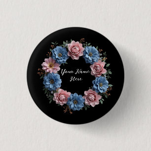 Personalised Wreath of Dusky Red and Blue Flowers 3 Cm Round Badge