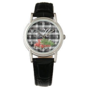 Personalised Wrist Watch XMAS Truck Baffalo Plaid