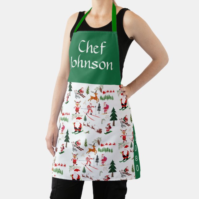 Personalised Xmas Apron with Ski Santa pattern (Insitu)