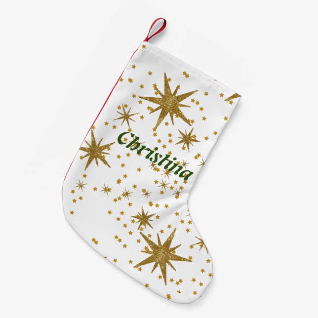 Personalised Xmas golden stars cute pattern white  Small Christmas Stocking (Front (Hanging))