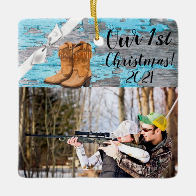 Personalised XMAS Ornament Blue Wood Barn Door Boo (Front)