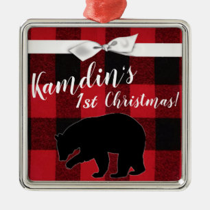 Personalised XMAS Ornament Red Buffalo Plaid Bear