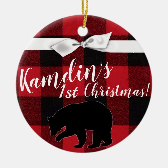 Personalised XMAS Ornament Red Buffalo Plaid Bear (Front)