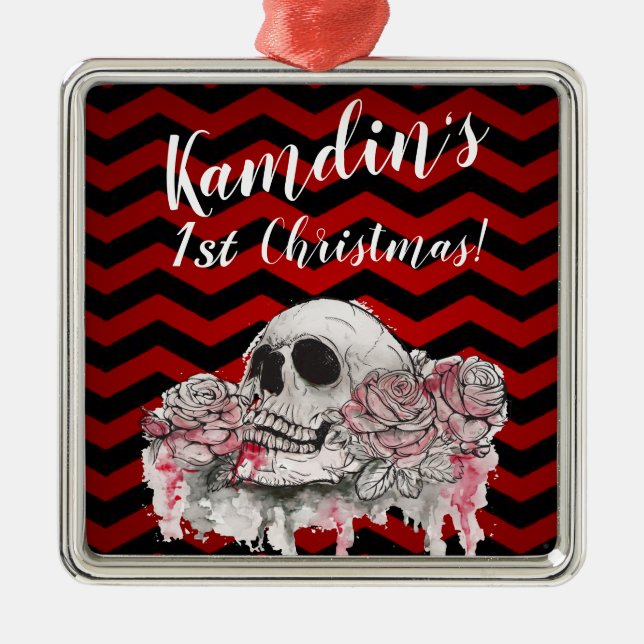 Personalised XMAS Ornament skull Rose goth Chevron (Front)