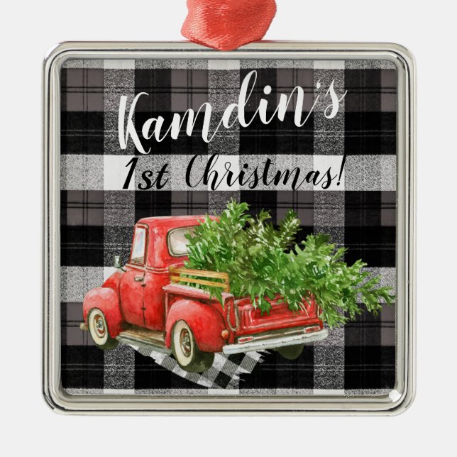 Personalised XMAS Ornament Truck Buffalo Plaid Bla (Front)