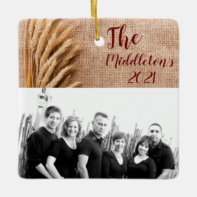 Personalised XMAS Ornament Wheat on Burlap Sack Co (Front)