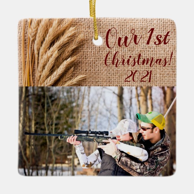 Personalised XMAS Ornament Wheat on Burlap Sack Co (Front)