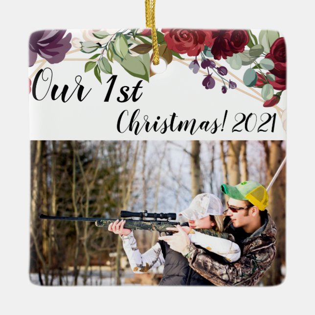 Personalised XMAS Ornament White Roses Gold Geomet (Front)