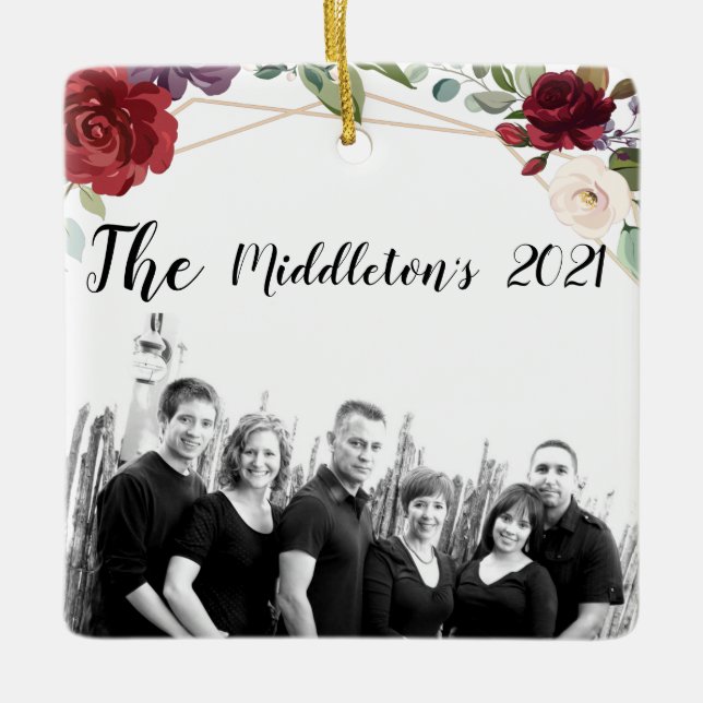 Personalised XMAS Ornament White Roses Gold Geomet (Front)