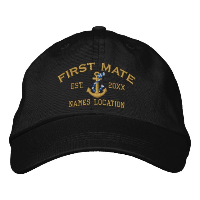 Personalised YEAR and Name First Mate Rope Anchor Embroidered Hat (Front)