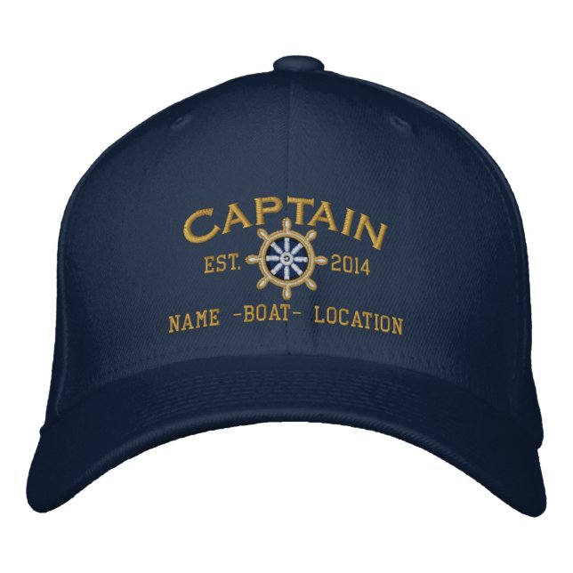 Personalised YEAR and Names Captain Wheel Embroidered Hat (Front)