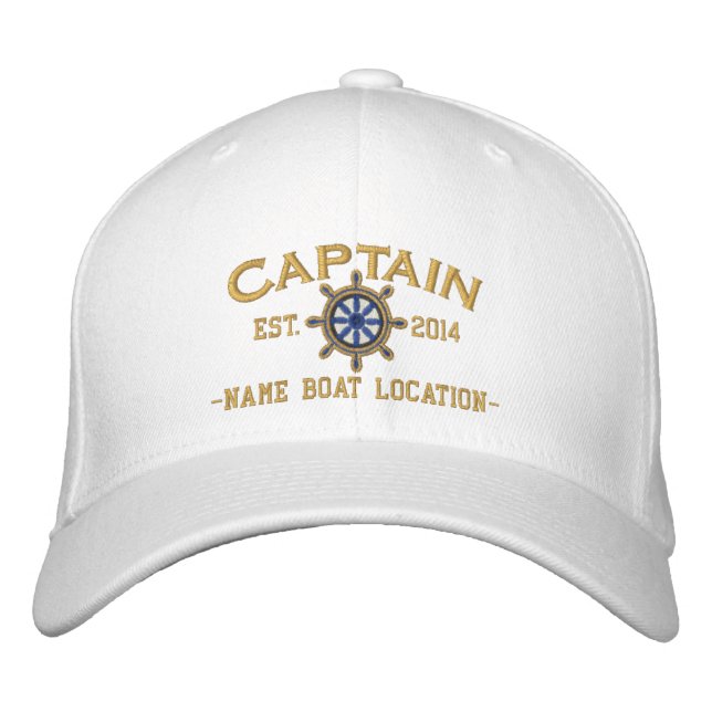 Personalised YEAR and Names Captain Wheel Embroidered Hat (Front)