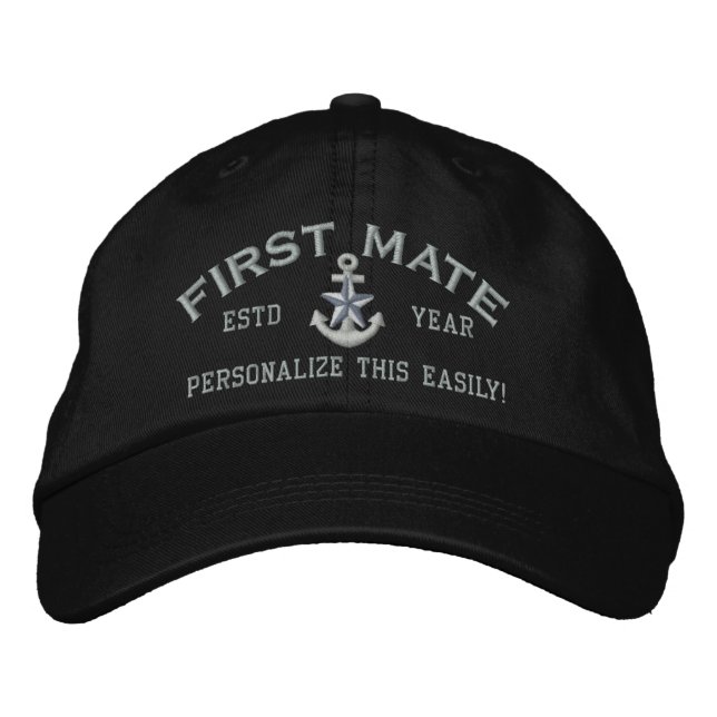 Personalised YEAR and Names First Mate Silver Star Embroidered Hat (Front)