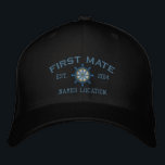 Personalised YEAR and Names First Mate Wheel Embroidered Hat<br><div class="desc">A personalised first mate embroidery nautical style. An original casual fashion embroidered baseball cap sure to make an impression on, or off the boat. Here's a selection of fine custom casual embroidered baseball caps; in a nautical style, you can easily personalise to make it as unique as you are. Use...</div>