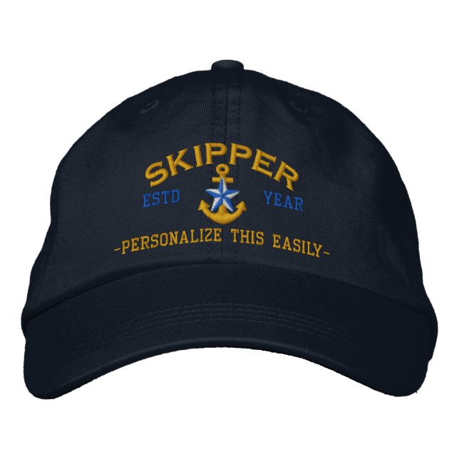 Personalised YEAR and Names Skipper Star Anchor Embroidered Hat (Front)