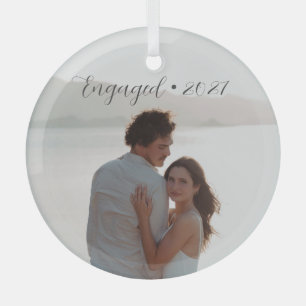 Personalised Year Engaged Couple Christmas Script Glass Tree Decoration