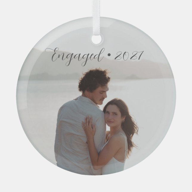 Personalised Year Engaged Couple Christmas Script Glass Tree Decoration (Front)
