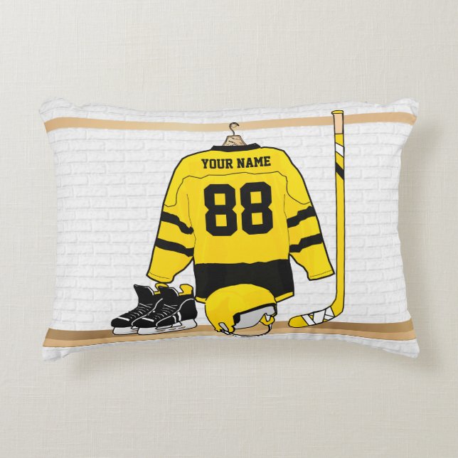 Personalised Yellow and Black Ice Hockey Jersey Decorative Cushion (Front)