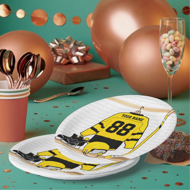 Personalised Yellow and Black Ice Hockey Jersey Paper Plate (Multi)
