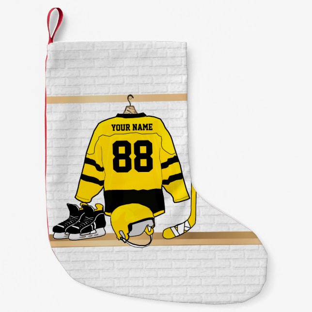 Personalised Yellow and Black Ice Hockey Jersey Small Christmas Stocking (Front)