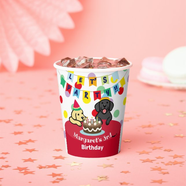 Personalised Yellow and Black Labradors Birthday Paper Cups (Insitu)