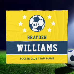 Personalised Yellow and Navy Soccer Player Name Fleece Blanket