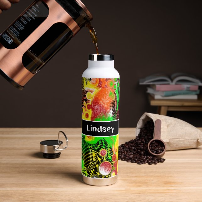 Personalised Yellow, Black, Lime Green Fluid Art Water Bottle (Coffee)