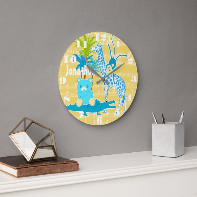 Personalised Yellow Blue Jungle Animal Wall Clock (Office)