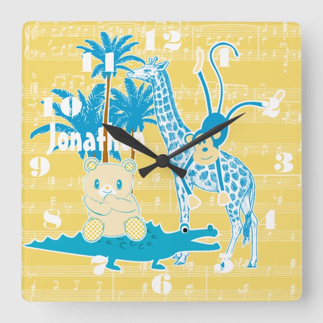 Personalised Yellow Blue Jungle Animal Wall Clock (Front)