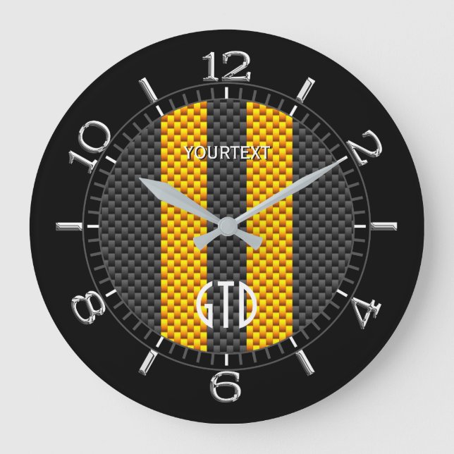 Personalised Yellow Carbon Style Racing Stripes Large Clock (Front)