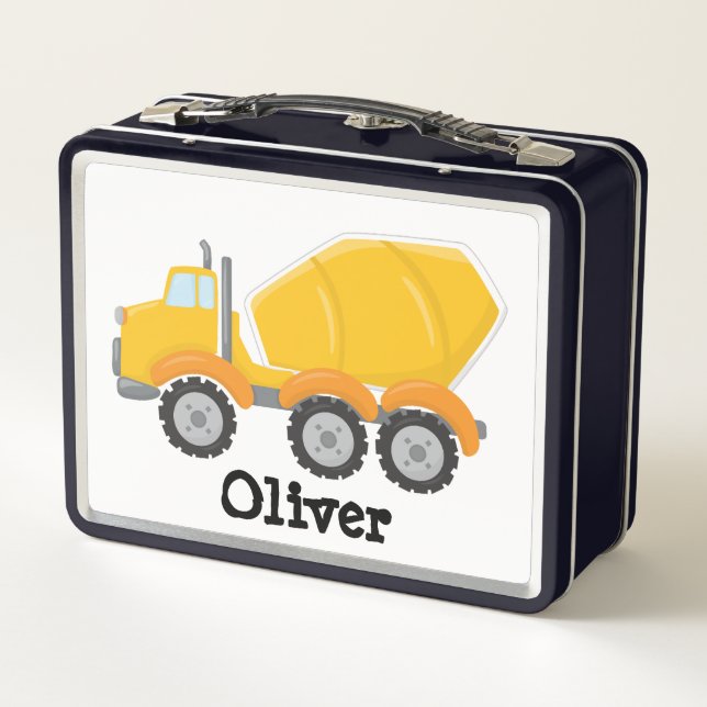 Personalised Yellow Cement Truck Metal Lunch Box (Back)