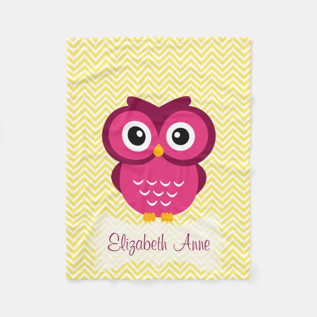 Personalised Yellow Chevron Pink Owl Fleece Blanket (Front)