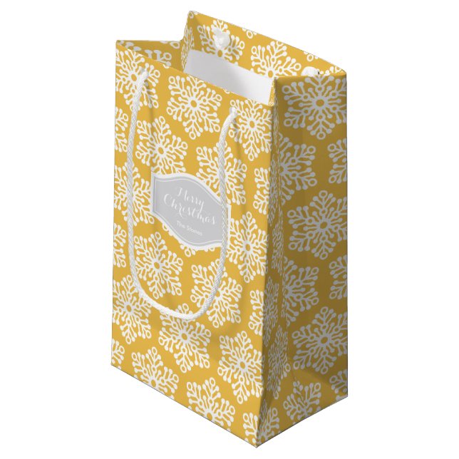 Personalised yellow Chirstmas snowflakes pattern Small Gift Bag (Front Angled)