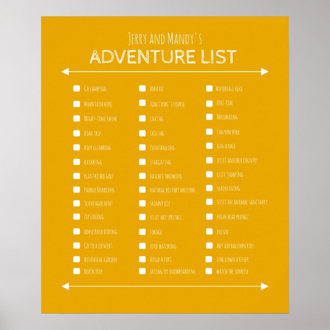 Personalised yellow couple's adventure list poster (Front)