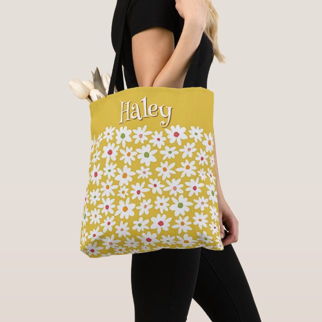 Personalised Yellow Daisy Print Tote Shoulder Bag (Close Up)