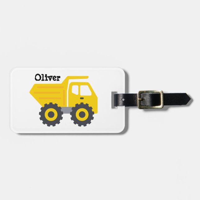 Personalised Yellow Dump Truck Boy School name tag (Front Horizontal)