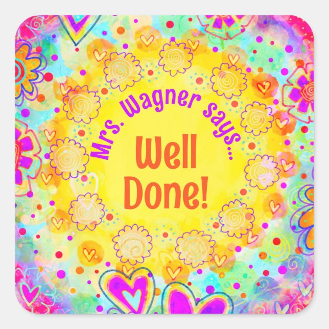 Personalised Yellow Floral Motivational Teacher  Square Sticker (Front)