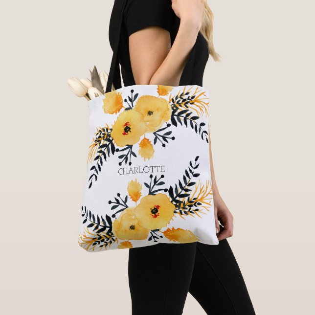 Personalised Yellow Flower Watercolor Tote Bag (Close Up)