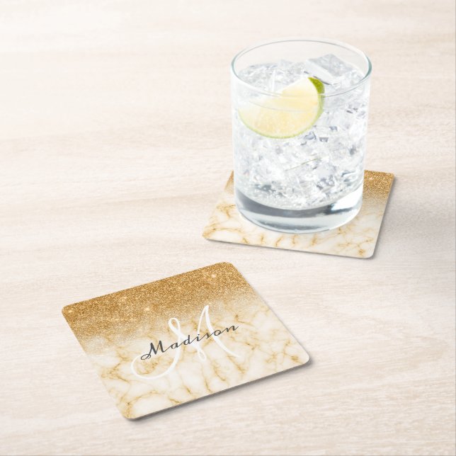 Personalised Yellow Gold Glitter Monogram Marble Square Paper Coaster (Insitu)