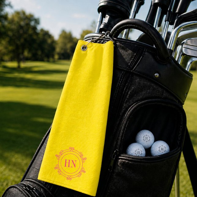 Personalised Yellow Golf Towel with Initials (Bright yellow monogrammed golf towel and golf balls in a premium lifestyle setting.)