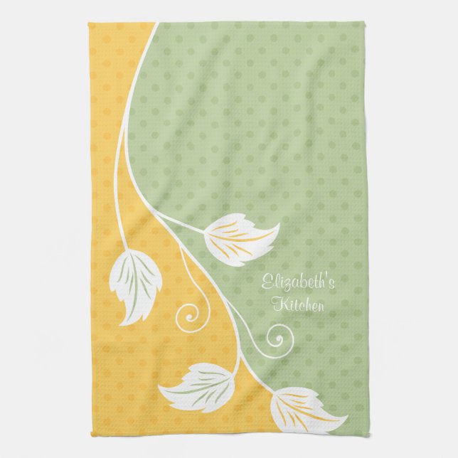 Personalised Yellow Green Polka Dot Floral Vine Tea Towel (Vertical)