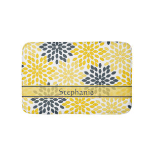 Personalised Yellow, Grey Charcoal Modern Floral Bath Mat