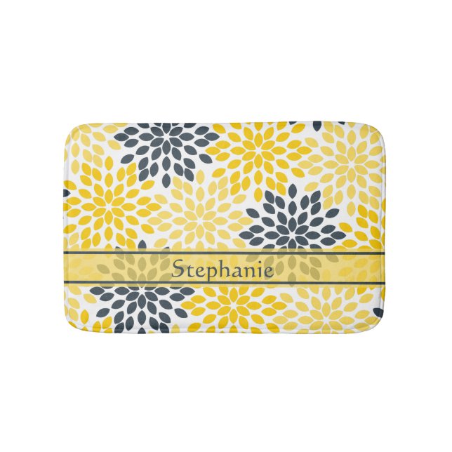 Personalised Yellow, Grey Charcoal Modern Floral Bath Mat (Front)