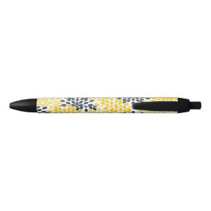 Personalised Yellow, Grey Charcoal Modern Floral Black Ink Pen