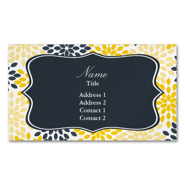Personalised Yellow, Grey Charcoal Modern Floral Magnetic Business Card (Front)
