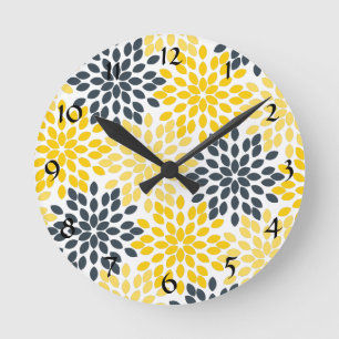 Personalised Yellow, Grey Charcoal Modern Floral Round Clock