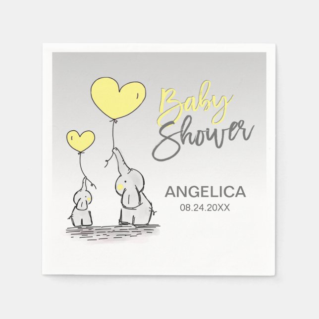 Personalised YELLOW Grey Elephant Mum Baby Shower Napkin (Front)
