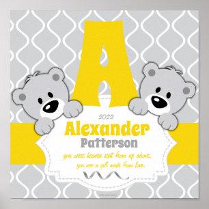 Personalised Yellow & Grey Teddy Bear Nursery Room Poster