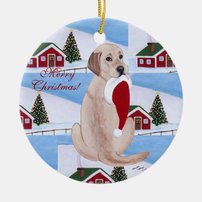 Personalised Yellow Lab Christmas Santa Hat Ceramic Tree Decoration (Front)