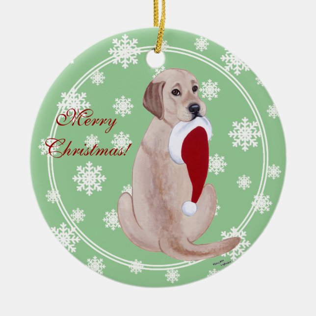 Personalised Yellow Lab Christmas Santa Hat Ceramic Tree Decoration (Front)